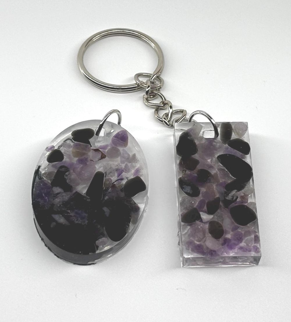 Crystal Jewelry Set: Amethyst and Obsidian Pendant & Keychai...