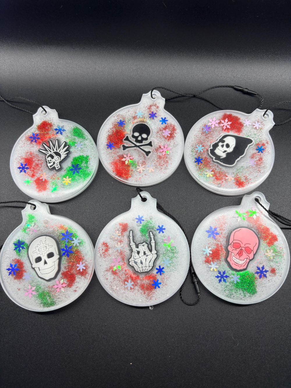 Skull Holiday Ornaments: Glittery Red and Green - Set of 6